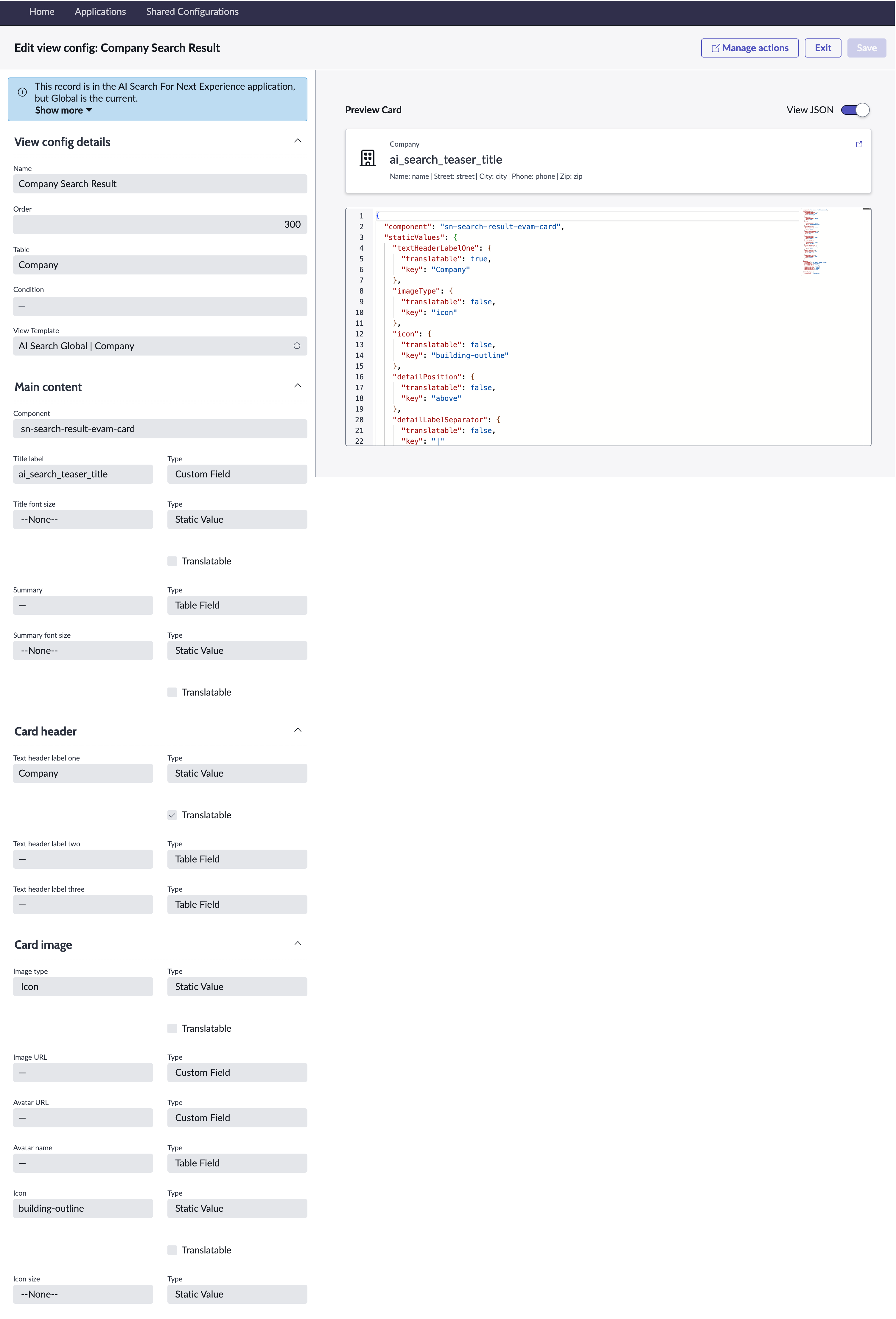 Edit view config form showing the preview card.