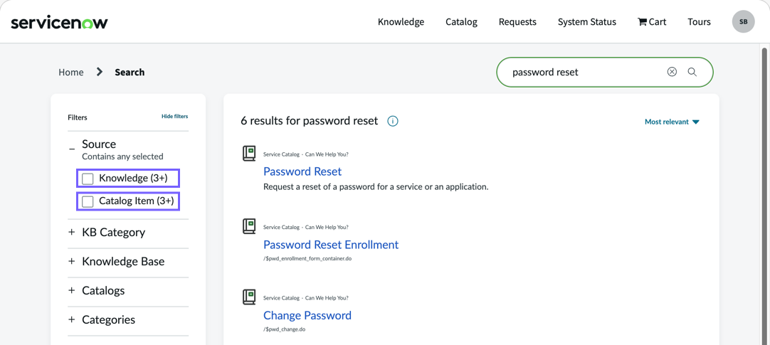 Service Portal results page showing result counts for source facet buckets.