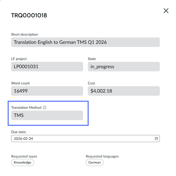 In the Translation Request Details modal window, the Translation Method field is highlighted. The method in this example is TMS.