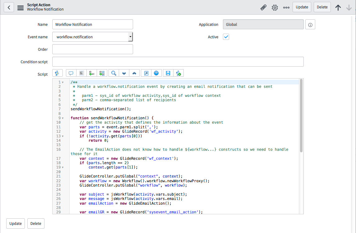 Script action workflow notification