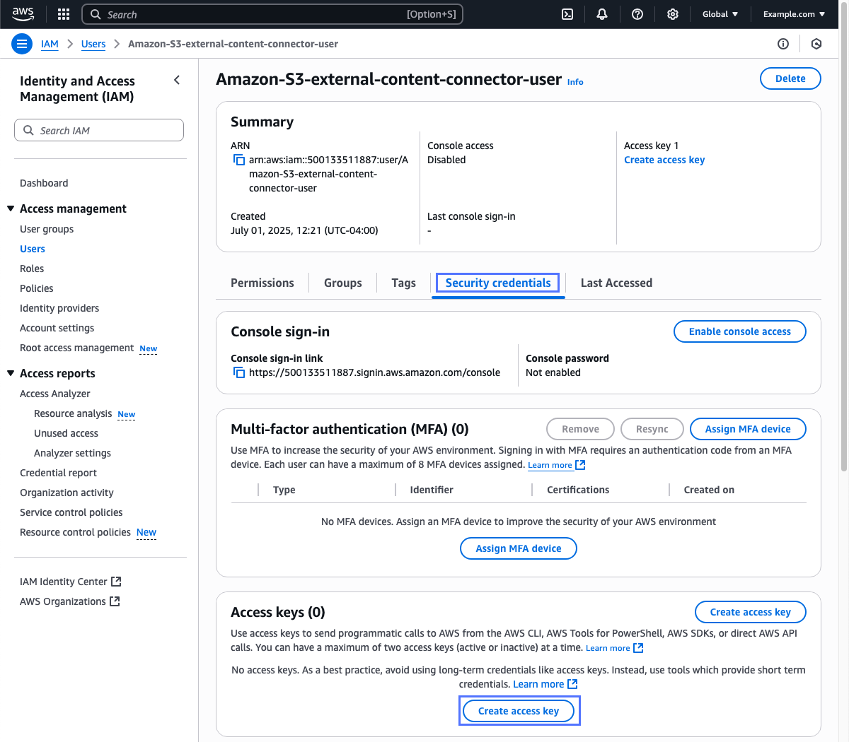 User editor for new user with Security credentials tab shown in AWS Management Console IAM web service.