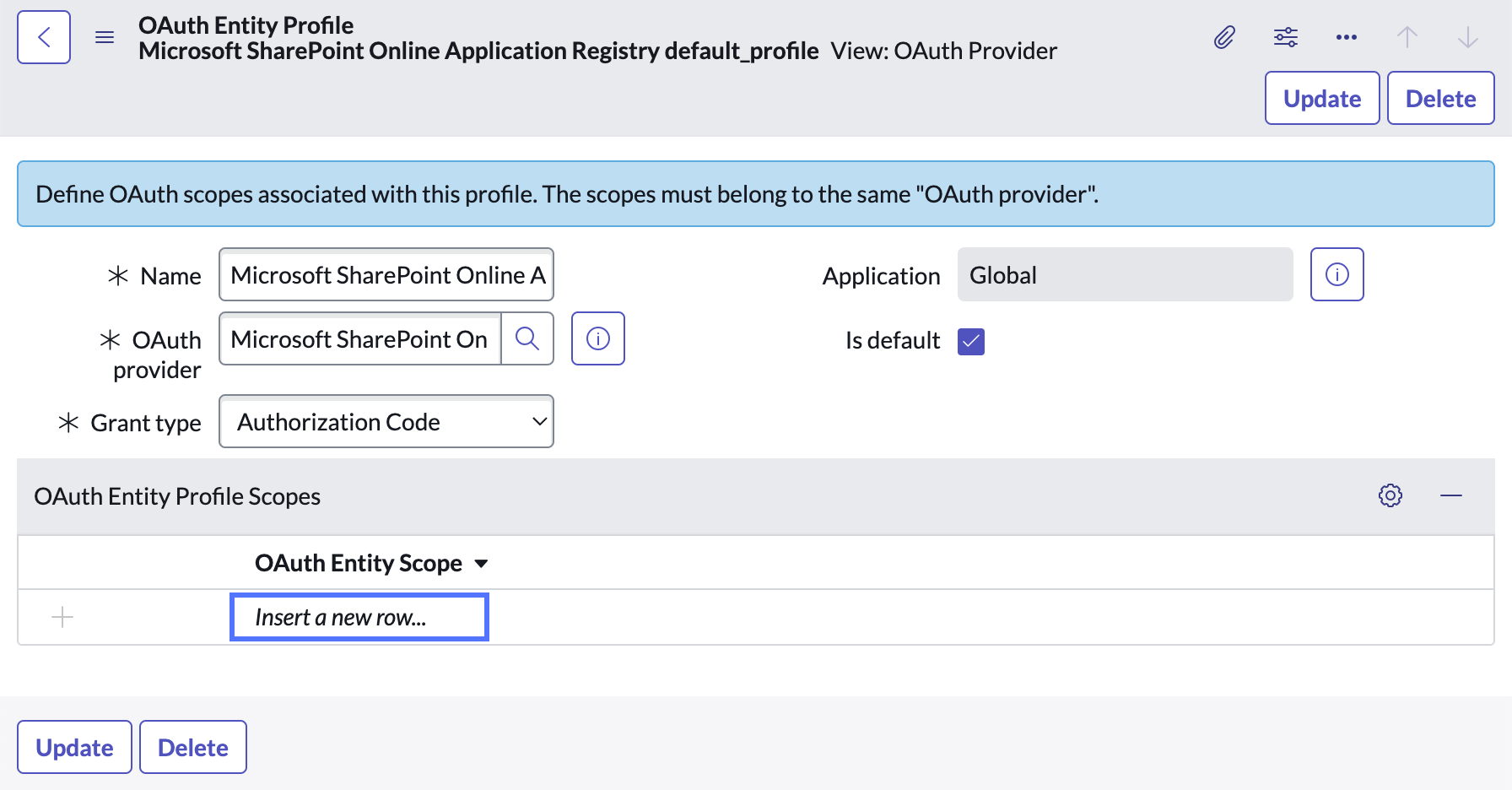 OAuth Entity Profile form with OAuth Entity Profile Scopes related list's Insert a new row… link highlighted.