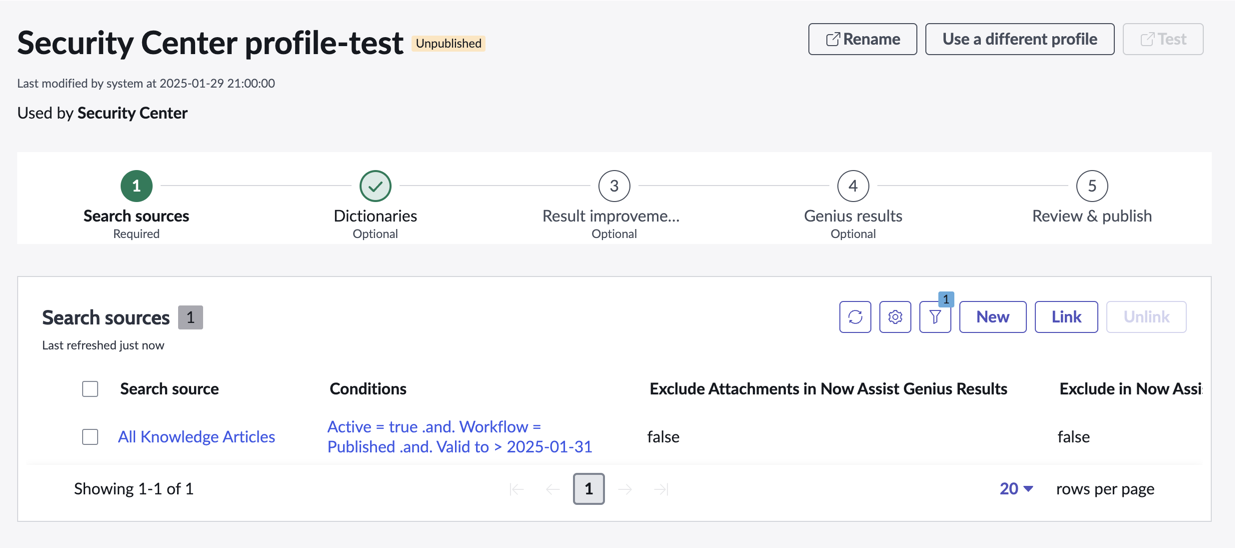 AI Search Admin console search profile view.