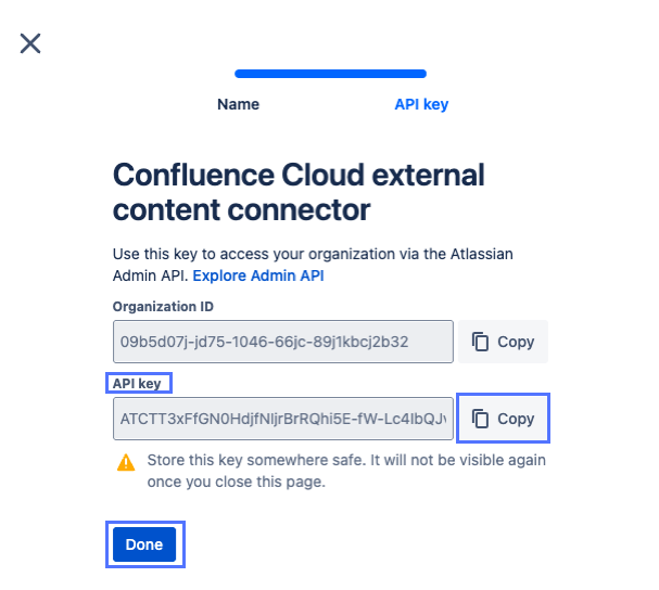 API key in Atlassian Administration console dialog box.