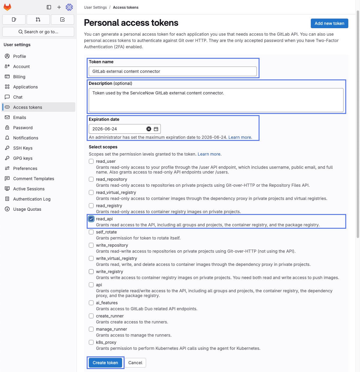 Personal access tokens form on GitLab.com showing token name, description, expiration date, and scopes plus Create token button.