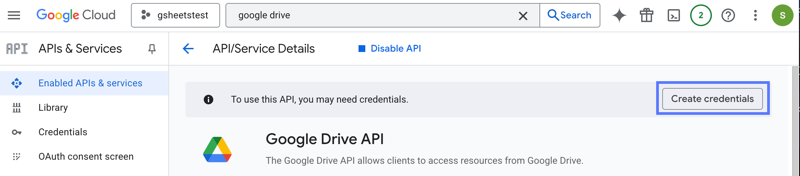 Create credentials button in the Google workspace.