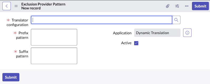 The New record form on the Exclusion Provider Pattern table.