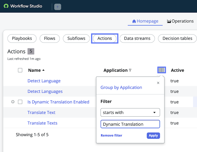 In Workflow Studio, the actions associated with the Dynamic Translation spoke are displayed.