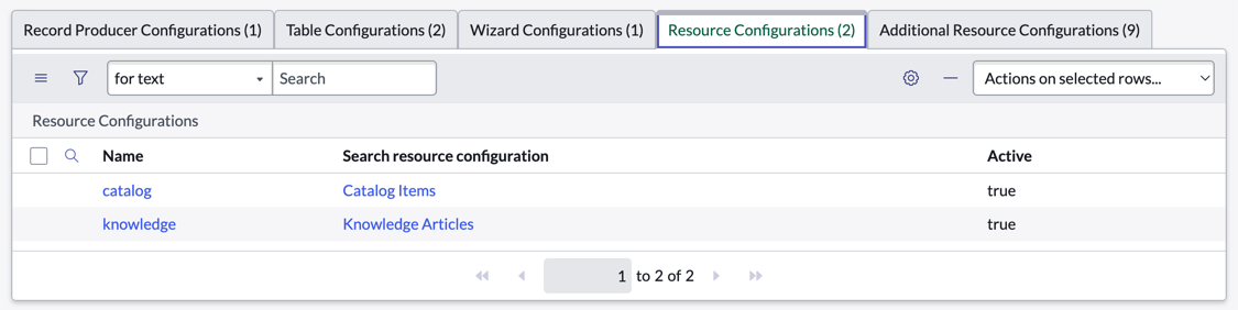 Resource Configurations related list on Search Context form.