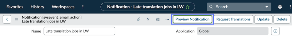 In the top menu bar of the example's notification form, the Preview Notification button is highlighted.