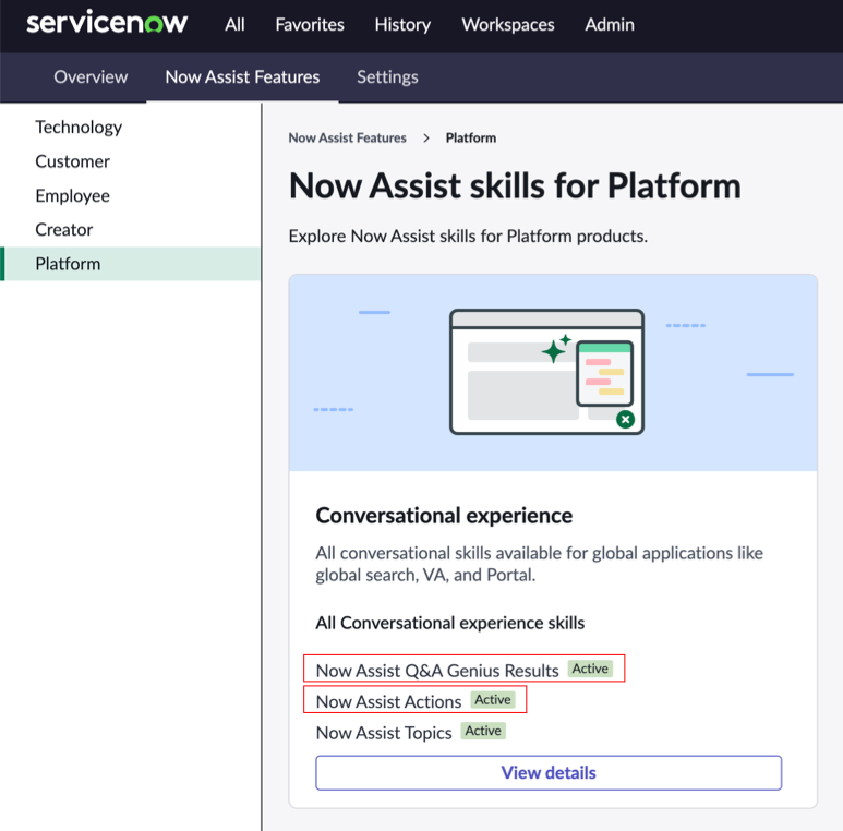 Conversational experience feature card showing Now Assist Q&A Genius Results and Now Assist Actions skills.