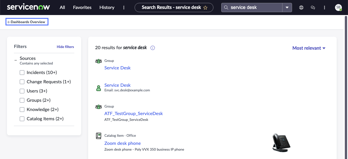 Detail of global search results page with Dashboards Overview return link highlighted.