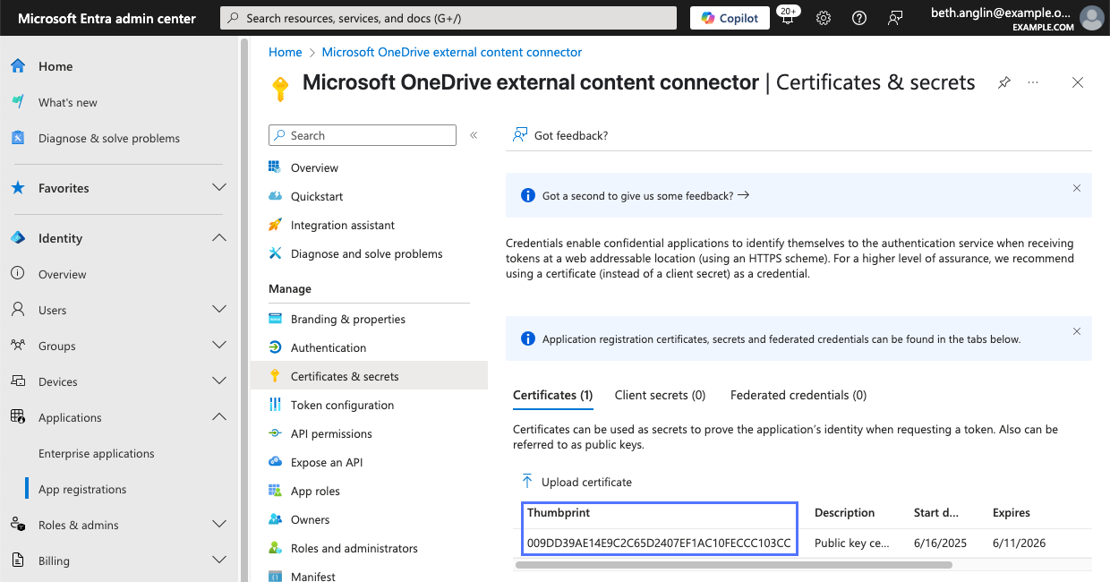Application's Certificates & secrets page in Microsoft Entra admin center showing thumbprint SHA1 hash value for uploaded certificate.