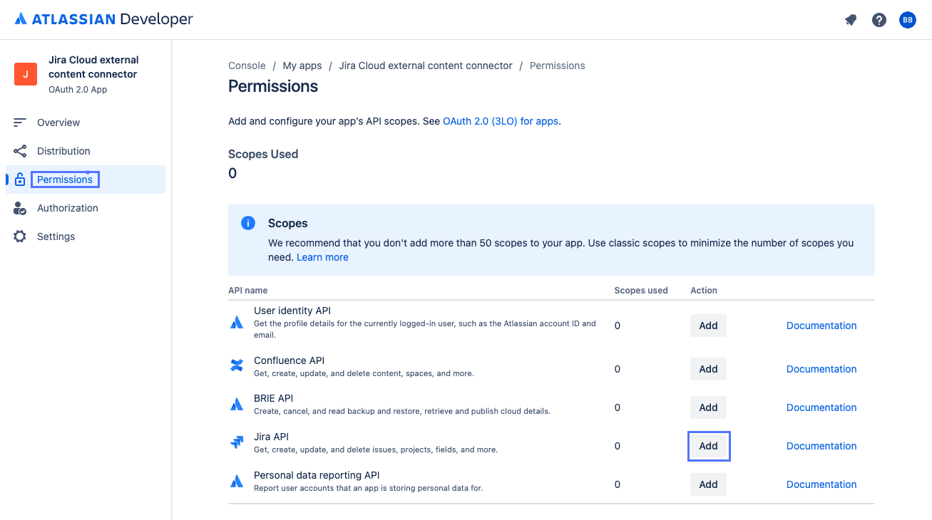 Add Jira API button on Atlassian Developer console Permissions page.