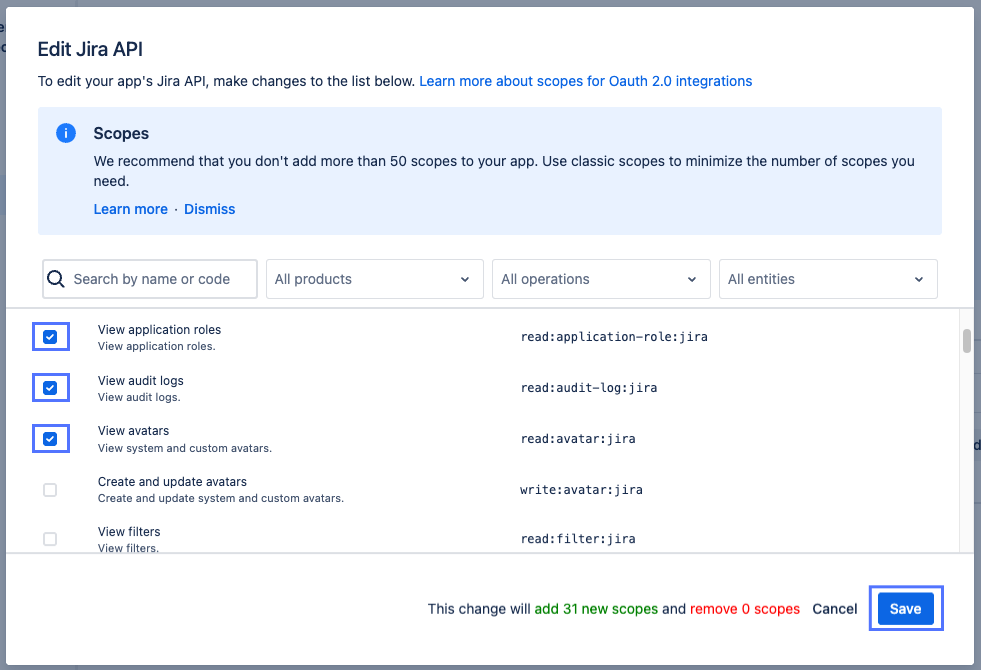 Save button in Atlassian Developer console Edit Jira API dialog box.