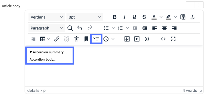 TinyMCE v6.8.3 Akkordeon-Zusammenfassung und -Text