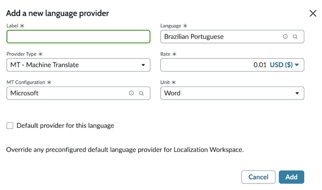 The modal for Add new translation provider in Localization Workspace.