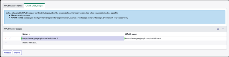 OAuth Entity Scopes related list displays the Name and OAuth scope fields to define the OAuth scope for this OAuth provider.