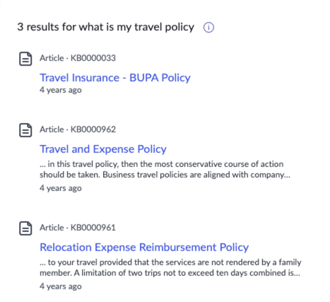 Employee Center portal search results for travel policy search.