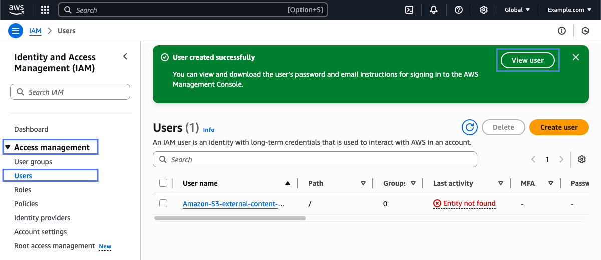 Users list showing newly created user in AWS Management Console IAM web service.