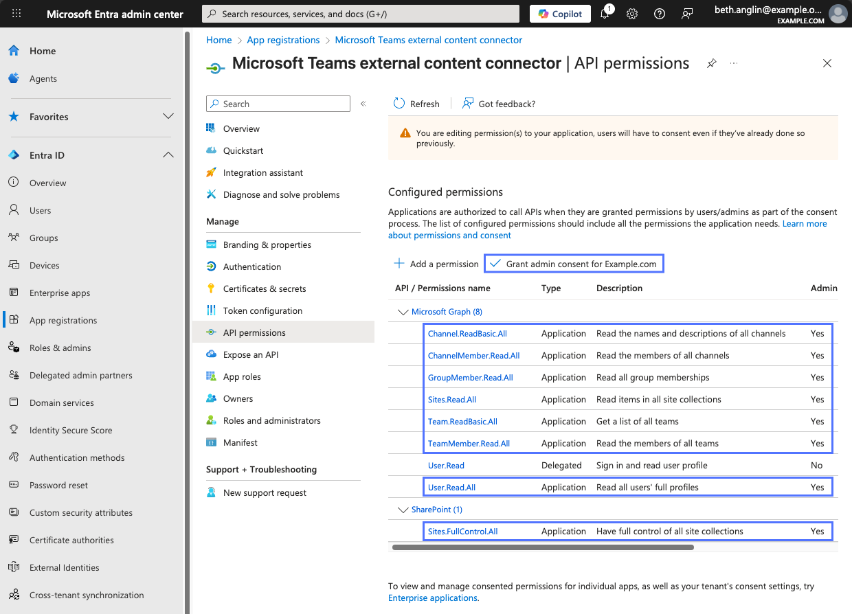 Application's API permissions list in Microsoft Entra admin center showing added permissions needing admin consent.
