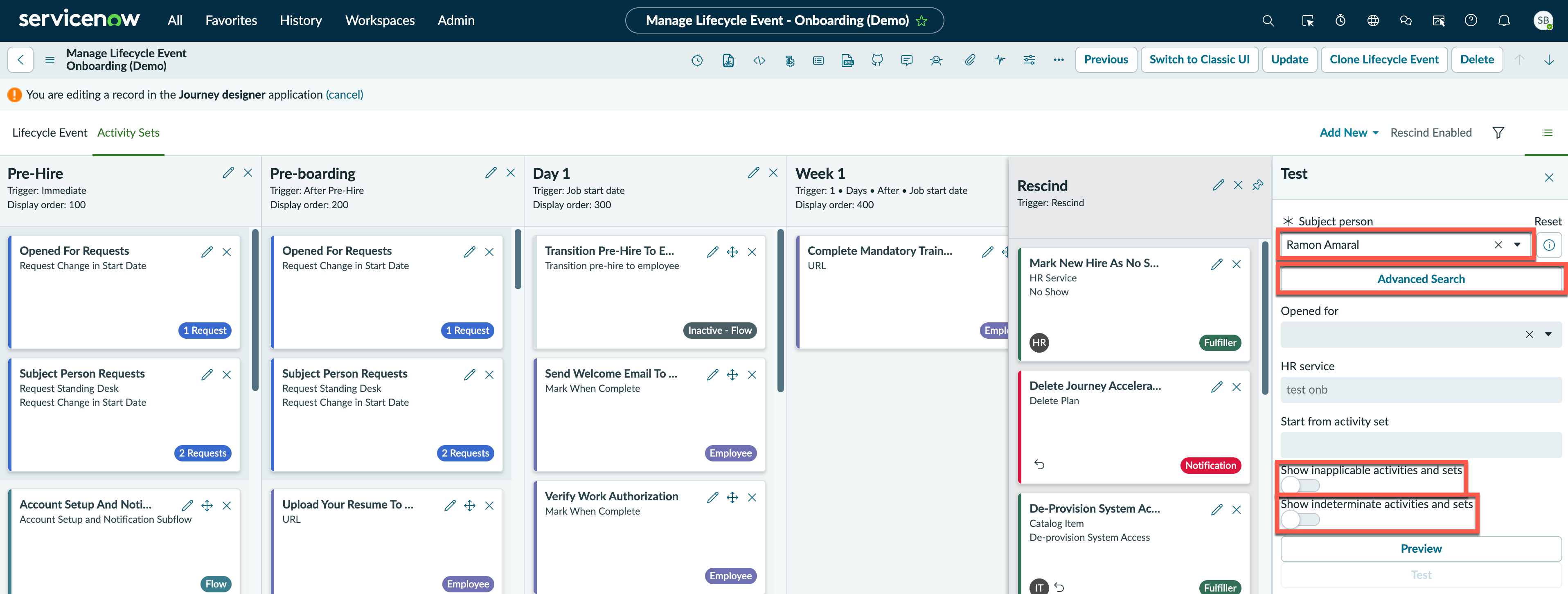 In the Test side panel, select a subject person for the test and whether to include the inapplicable or indeterminate activities in the test.