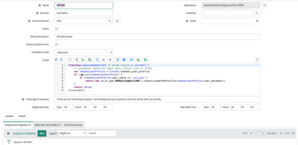 Queue HR SMS form showing Active check box and default configuration settings