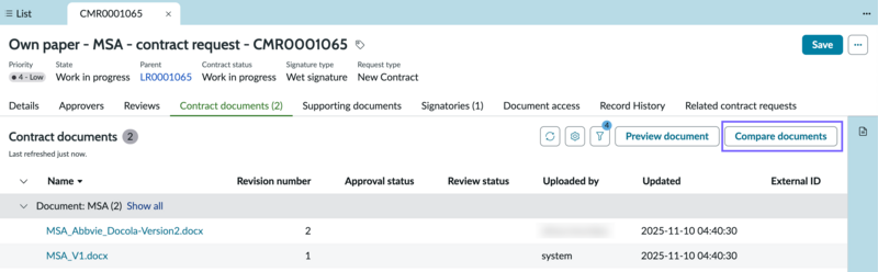 Compare documents button in a contract request.