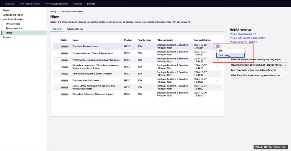 Shows the ability to Edit or Deactivate a filter from the list