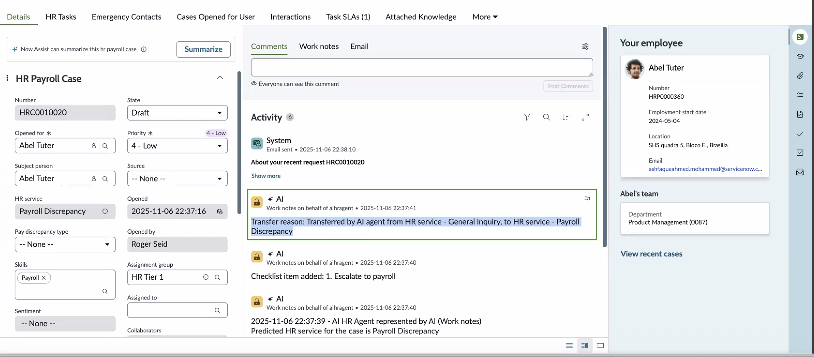 Prediction and transfer results on Agent Workspace for HR Case Management