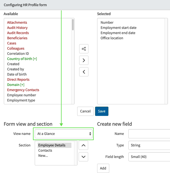 Form layout configuration dialog with At a Glance selected in View name drop-down list