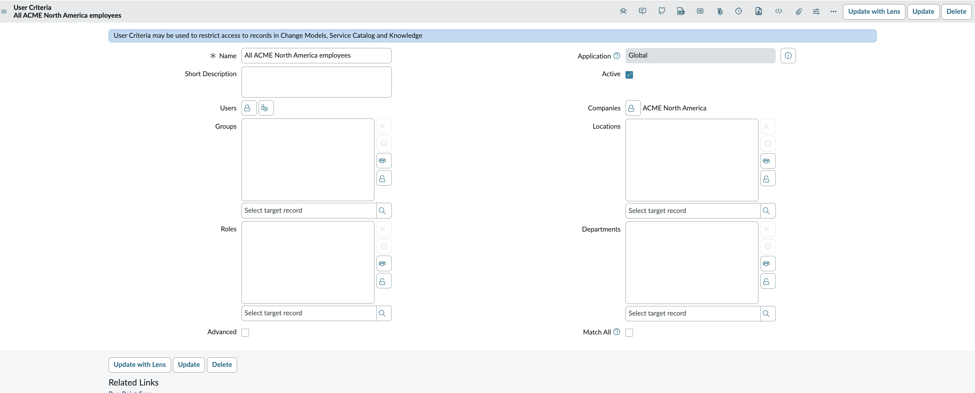 User Criteria form with Name, Companies, Groups, Locations, Roles, and Departments fields