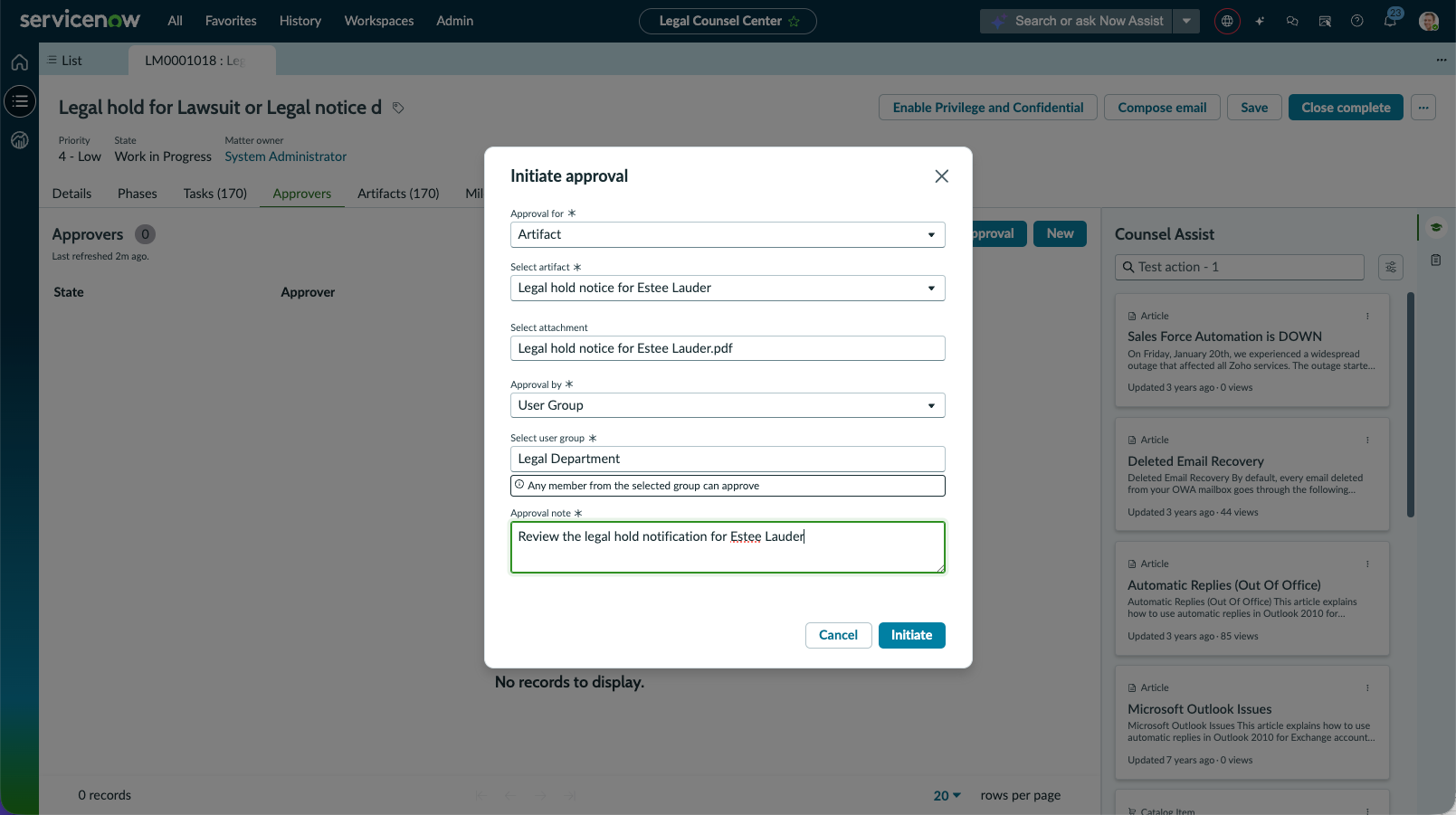Fill in the details of the artifact or matter for which you want to request an ad-hoc approval