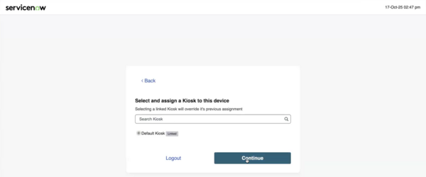 Select and assign kiosk to a device page. Kiosk operators can assign kiosk to a device.