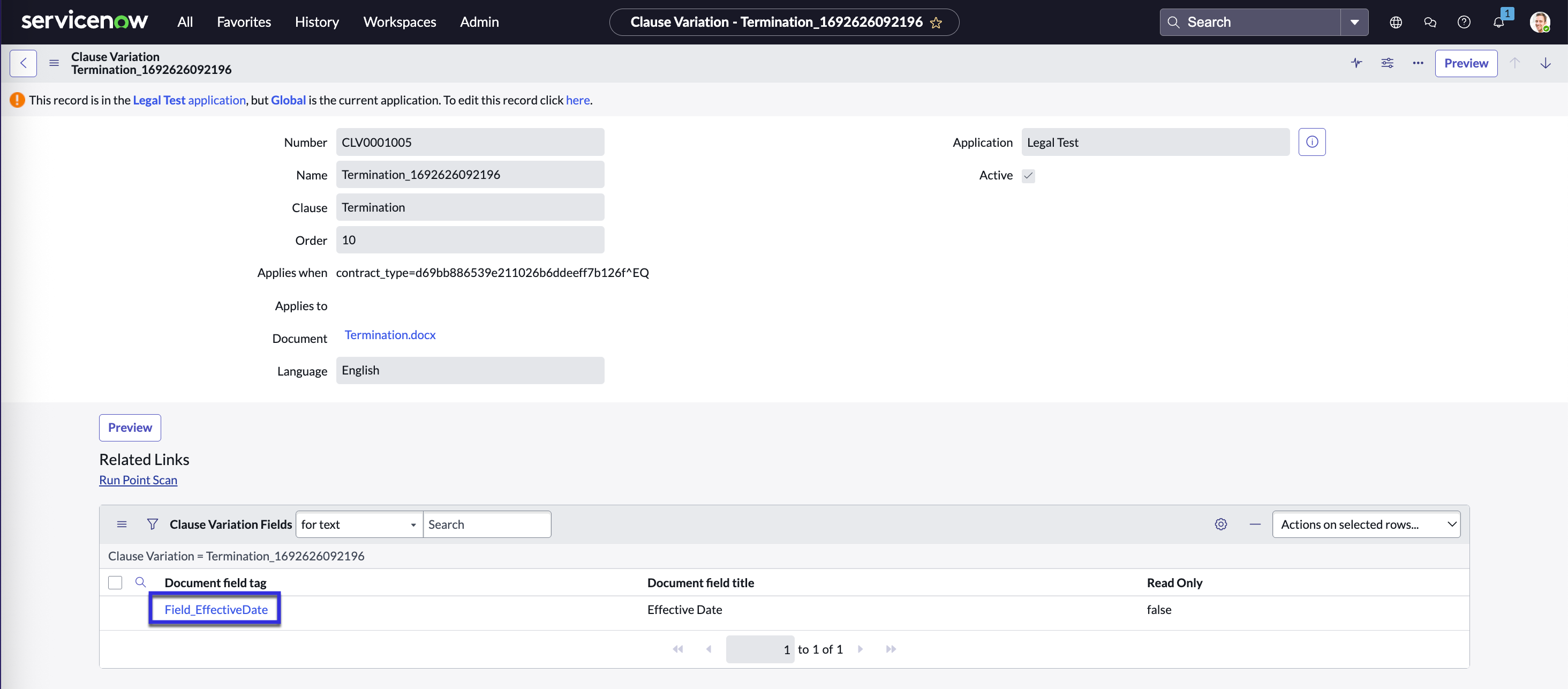 Select the clause variation field to view it's information