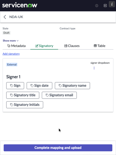 Signatory card in ServiceNow Contracts add-in