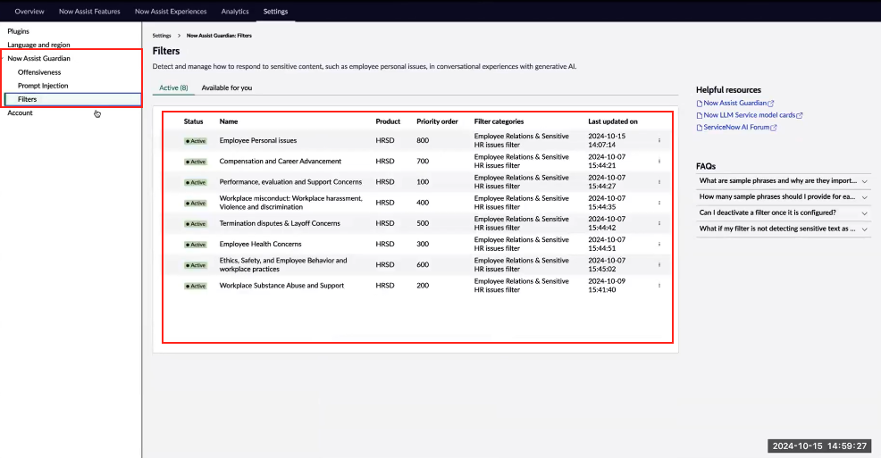 Filters tab view that lists the existing filters