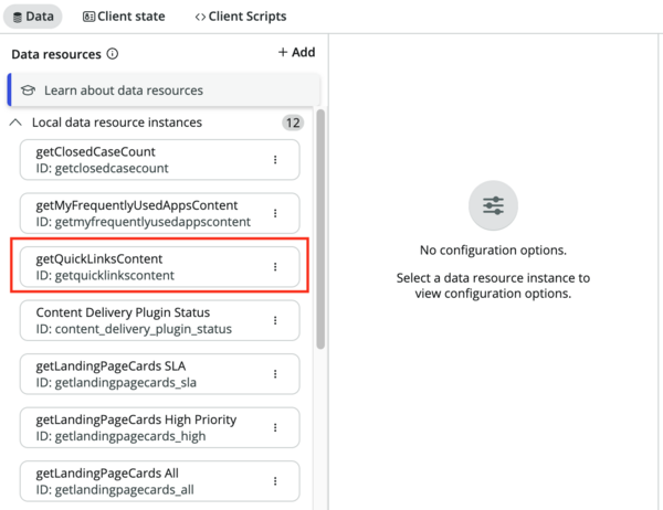 Data panel showing getQuickLinksContent data resource with content_id field