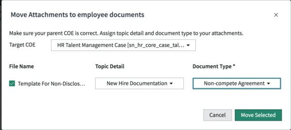 Move Attachments to Employee documents dialog showing document selection, document type assignment, and Move Selected button