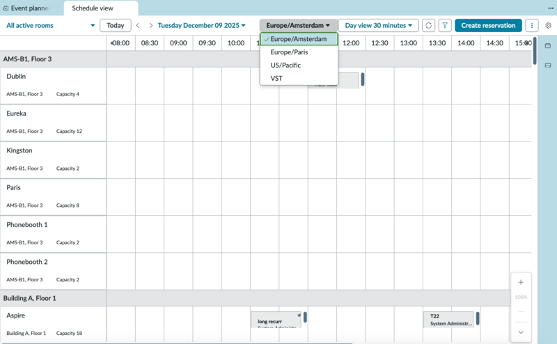 Time zone selection on the Schedule view tab.