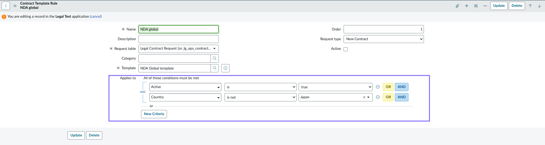 Condition builder with contract request fields