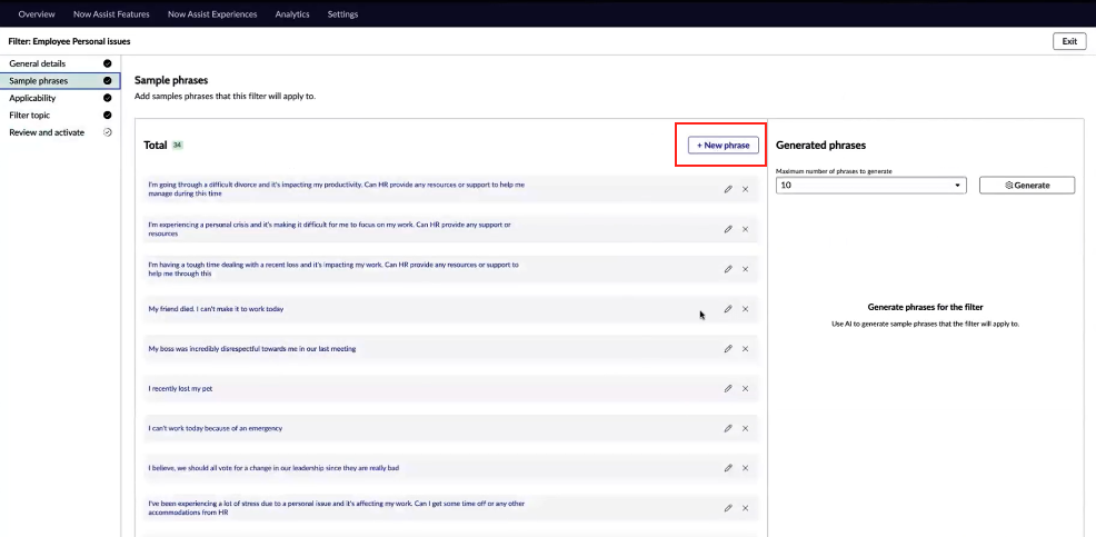 Shows the ability to add new and edit existing sample phrases
