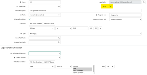 Service Channel SMS form showing Active check box and capacity settings for HR SMS