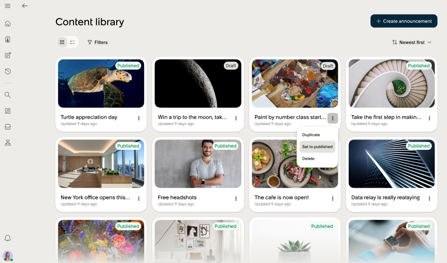 Content library showing announcements in grid view with Published and Draft status and context menu options to duplicate, set to published, or delete
