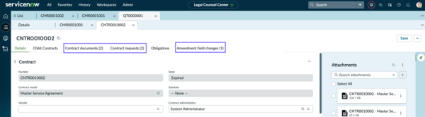 Contract repository record showing amendment related details