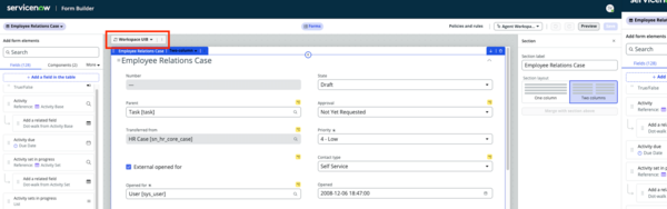 Form view selector with Workspace UIB option highlighted in Form Builder