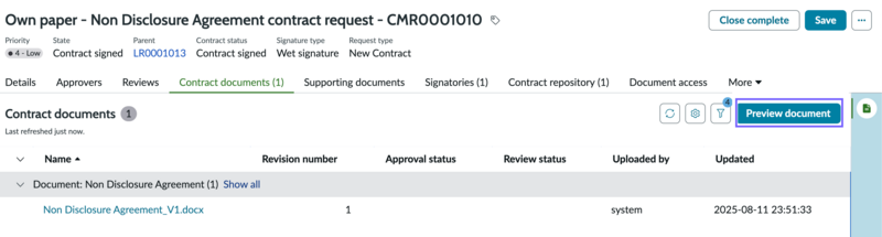 Preview document in a contract request.