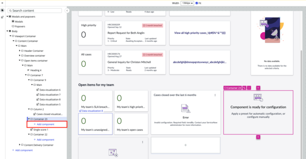 Add component button displayed under Container 23 in UI Builder