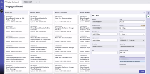 HR Triaging Dashboard showing case cards organized in lanes by user or assignment group