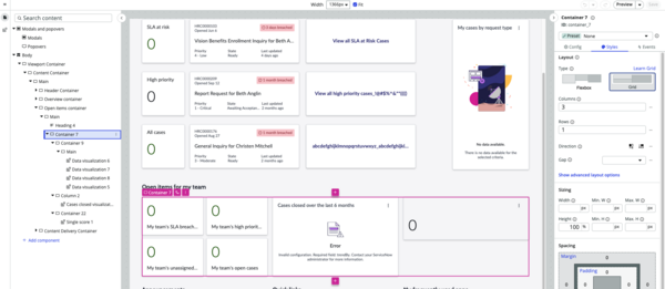 Page content panel in UI Builder with Container 7 highlighted for selection
